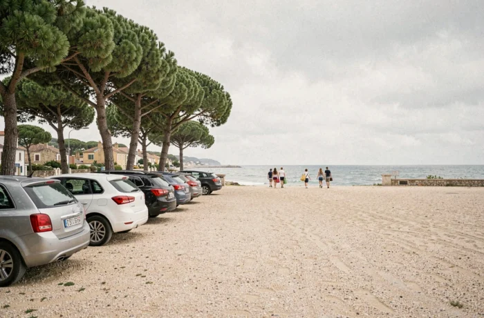 Parking gratuit en bord de mer à Arcachon un dimanche matin avec familles et voitures garées sous les pins