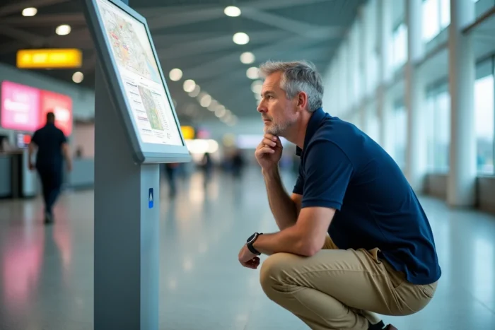 Passager consultant un plan des terminaux de l'aéroport d'Orly pour localiser le terminal TUI fly