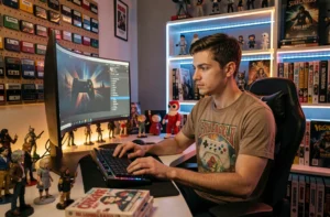Jeune homme passionné de jeux vidéo et de pop culture dans son bureau gaming décoré de figurines et de mangas