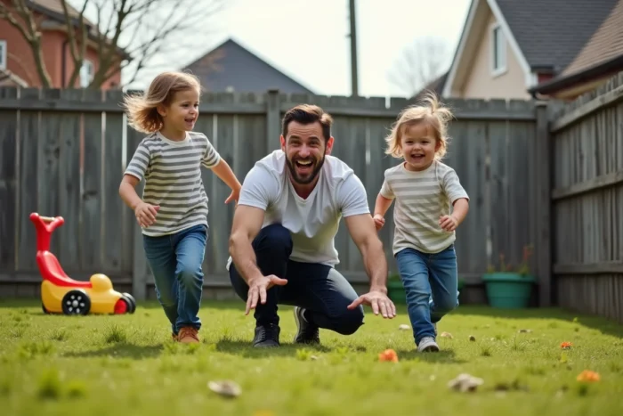 Père jouant avec ses enfants dans le jardin lors d'un après-midi en famille