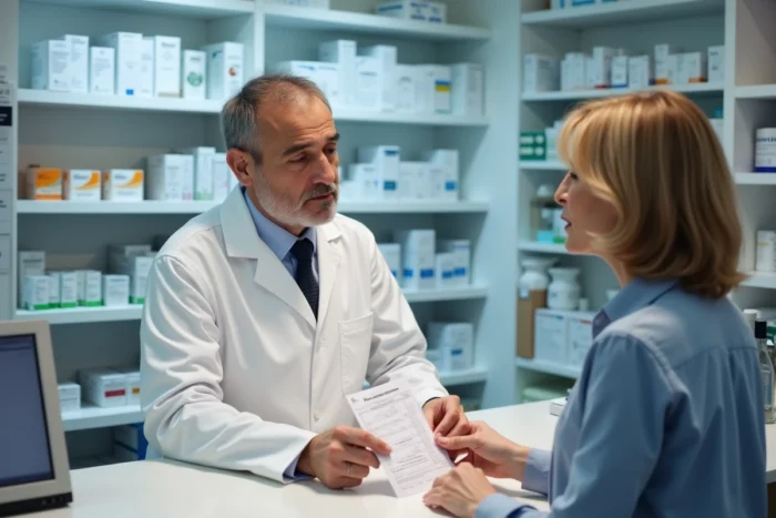 Pharmacien expliquant le remboursement d'une ordonnance à une cliente en pharmacie