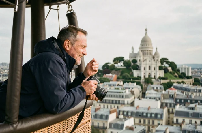 Photographe en montgolfière au-dessus de Paris avec vue sur Montmartre et le Sacré-Cœur