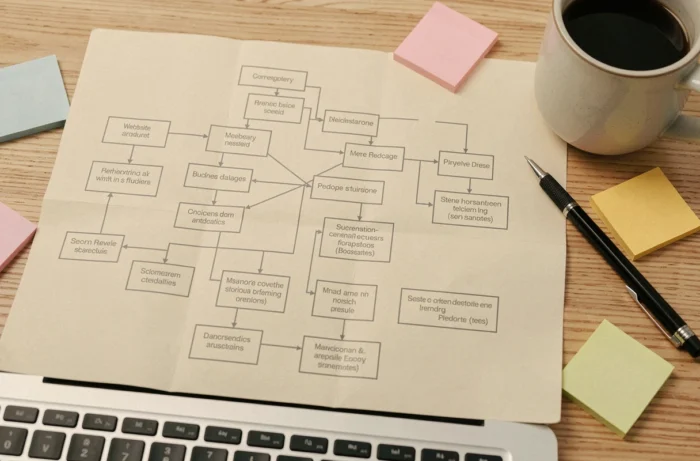 Vue aérienne d'un plan de sitemap imprimé sur un bureau en bois avec un ordinateur portable et des accessoires de travail