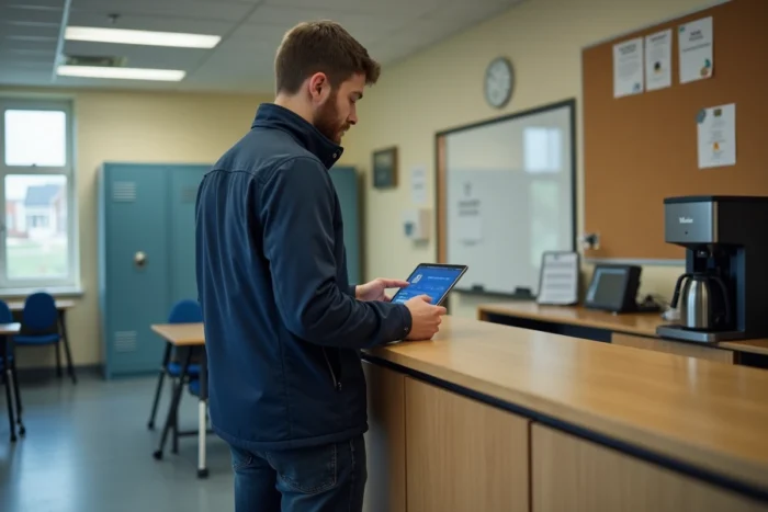 Professeur remplaçant consultant le portail Arena Versailles sur une tablette dans la salle des professeurs