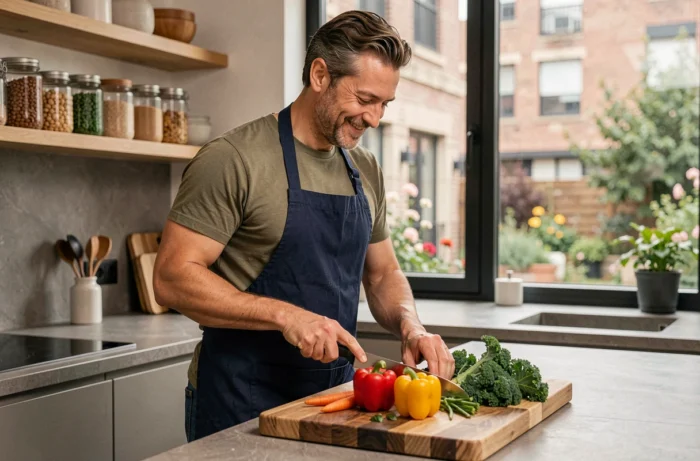 Homme préparant des légumes frais et colorés dans une cuisine moderne pour une alimentation saine
