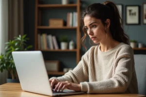Femme cherchant à résoudre un problème de connexion sur le portail Arena Montpellier depuis son bureau à domicile