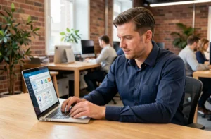 Professionnel masculin consultant une liste d'outils numériques sur un ordinateur portable dans un bureau moderne