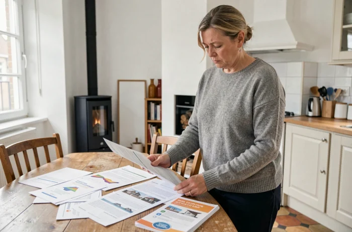 Femme bruxelloise consultant des documents sur les primes et solutions de remplacement de chaudière mazout