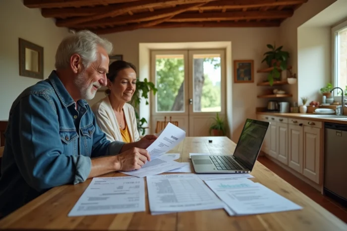 Couple de propriétaires consultant des factures et documents fiscaux pour une déduction liée à l'abattage d'arbres dans une cuisine de maison de campagne