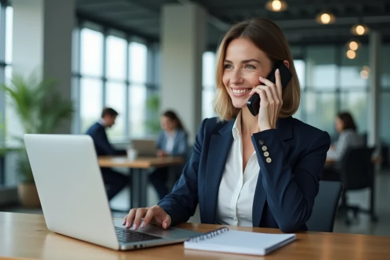 Femme professionnelle en blazer marine passant un appel téléphonique de prospection commerciale dans un bureau moderne