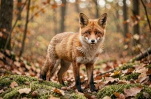 Renard roux en forêt automnale regardant l'objectif avec une expression alerte et curieuse