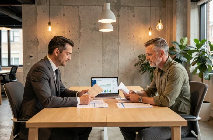 Deux professionnels en réunion de conseil analysant des rapports de performance pour optimiser la croissance d'une entreprise