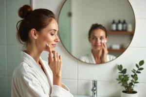 Femme appliquant un sérum visage dans une salle de bain minimaliste scandinave avec des produits de beauté bien rangés sur une étagère en bois