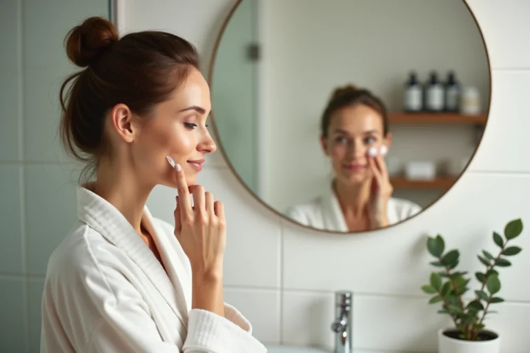Femme appliquant un sérum visage dans une salle de bain minimaliste scandinave avec des produits de beauté bien rangés sur une étagère en bois
