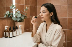 Jeune femme appliquant un sérum visage dans une salle de bain minimaliste avec des produits de beauté naturels