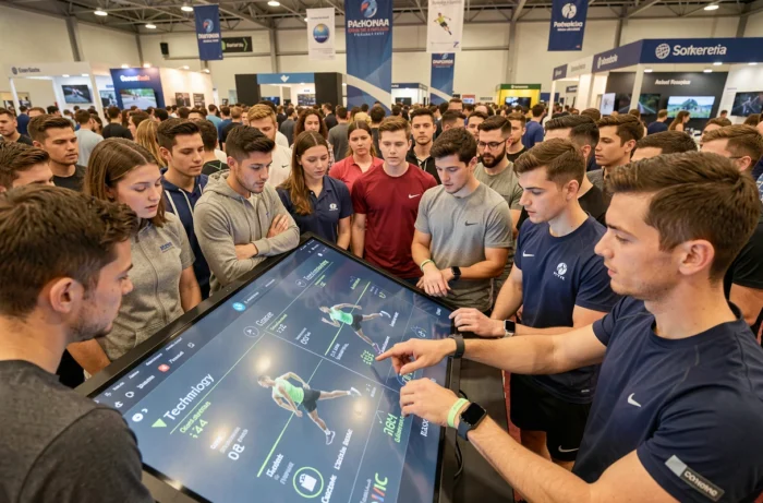 Visiteurs enthousiastes découvrant les innovations du sport connecté lors d'un salon technologique sportif, symbolisant l'engouement pour les nouvelles technologies de performance