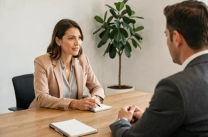 Femme en séance de coaching professionnel personnalisé avec un conseiller dans un bureau moderne et chaleureux