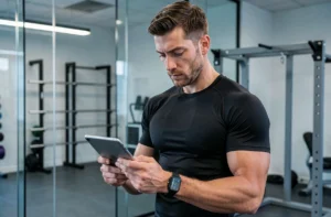 Sportif connecté analysant ses performances sur tablette dans un laboratoire sportif moderne, illustrant la révolution du sport technologique