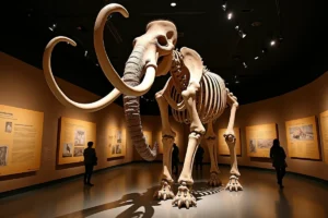Squelette complet de mammouth laineux exposé dans un musée d'histoire naturelle avec défenses courbées impressionnantes