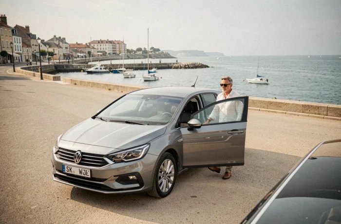 Homme garant sa voiture gratuitement sur le boulevard du front de mer à Arcachon un dimanche