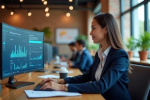 Professionnelle analysant un tableau de bord de marketing digital sur un grand écran incurvé dans un bureau moderne