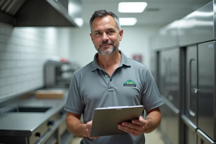 Superviseur de service de nettoyage professionnel vérifiant une liste de contrôle dans une cuisine commerciale propre