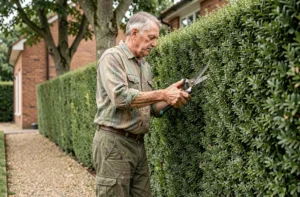 Jardinier expérimenté taillant une haie de buis avec un sécateur dans un jardin résidentiel entretenu