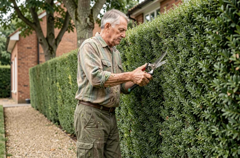 Jardinier expérimenté taillant une haie de buis avec un sécateur dans un jardin résidentiel entretenu