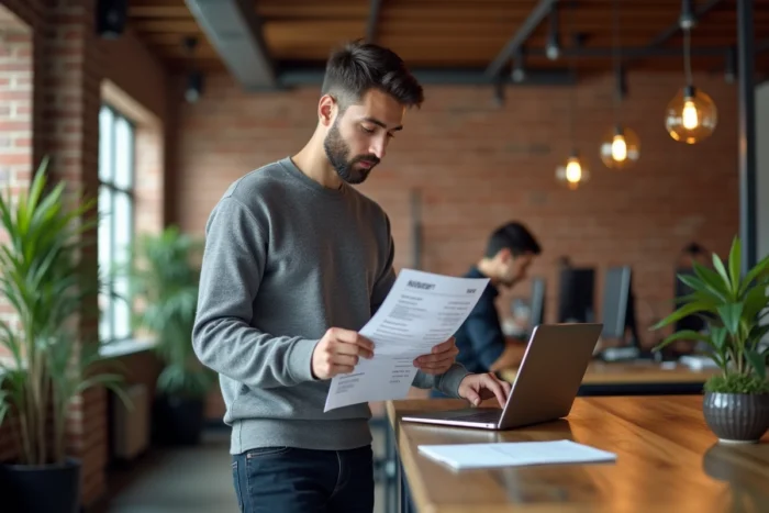Entrepreneur masculin consultant une liste de prospects dans un espace de co-working moderne et dynamique