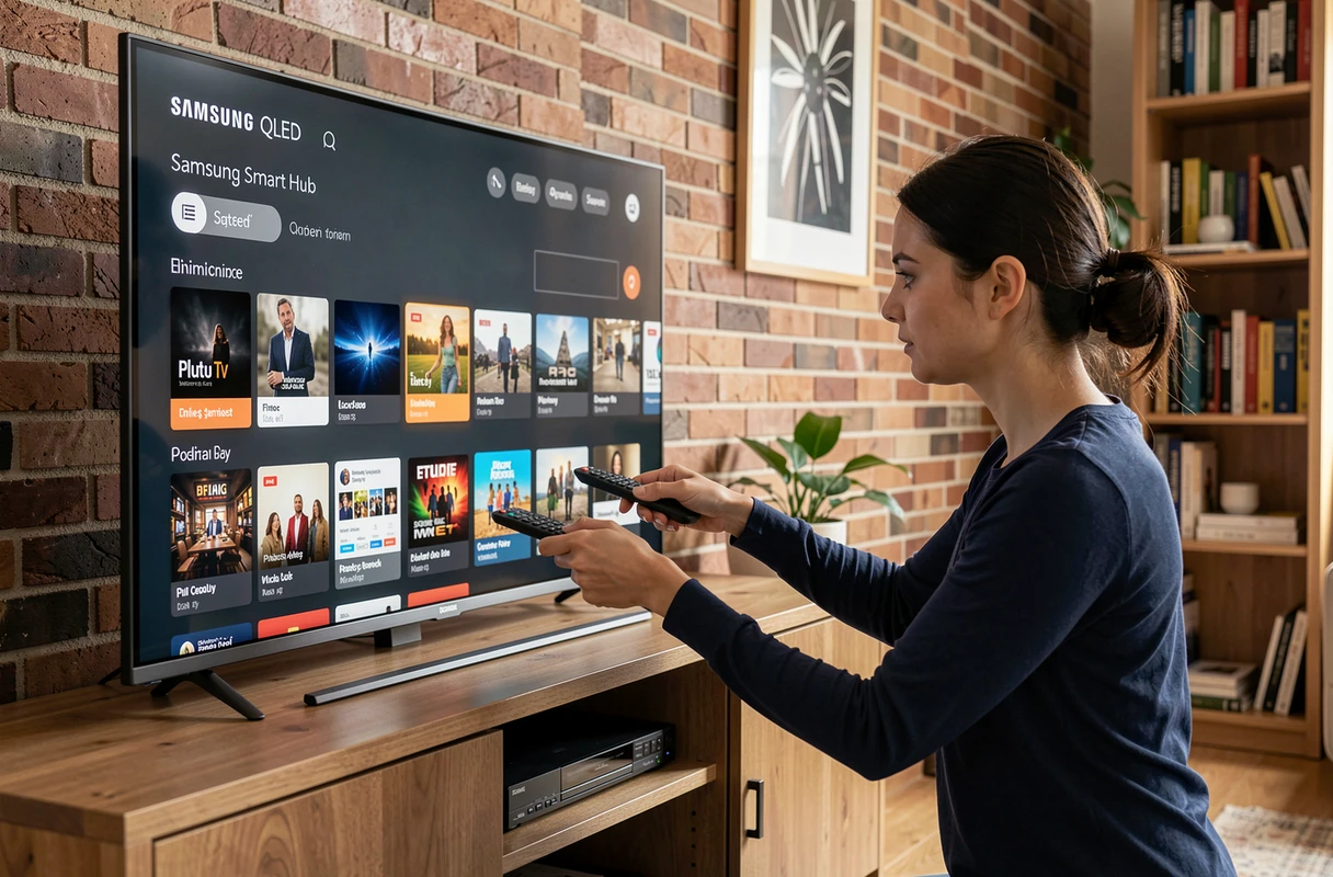Femme naviguant dans le Samsung Smart Hub pour télécharger l'application Pluto TV