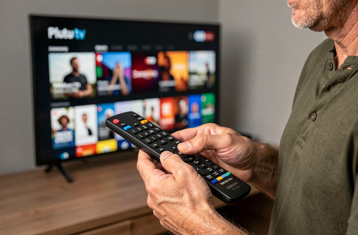 Gros plan sur une télécommande Samsung utilisée pour accéder à Pluto TV sur Smart TV