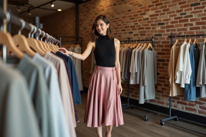 Femme en jupe satin rose poudré et top en maille noire feuilletant des vêtements dans une boutique de mode tendance