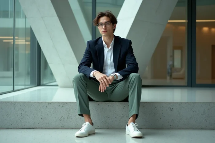 Homme en blazer marine structuré et pantalon vert sauge assis dans un espace architectural moderne au style épuré