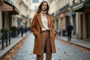 Femme élégante portant un manteau camel oversized et un pantalon tailleur dans une rue pavée parisienne en automne