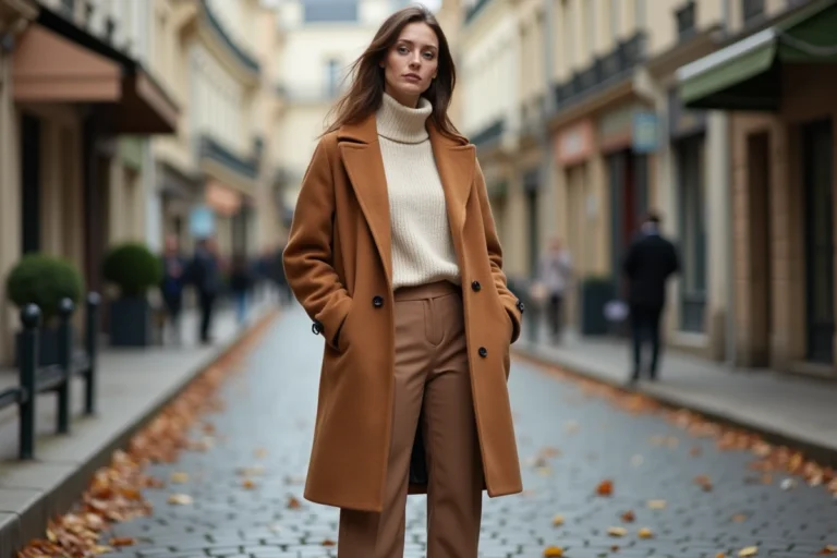 Femme élégante portant un manteau camel oversized et un pantalon tailleur dans une rue pavée parisienne en automne