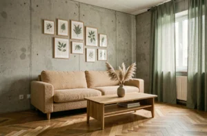 Salon décoré dans un style scandinave minimaliste avec canapé en boucle, table basse en chêne et mur de cadres botaniques