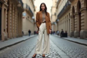 Femme élégante en blazer camel oversized et pantalon large ivoire dans une rue pavée européenne, style mode chic et tendance automne