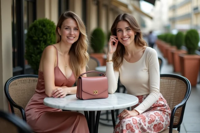 Deux femmes élégantes en tenues tendance printemps sur une terrasse de café parisien, style chic et original avec accessoires dorés
