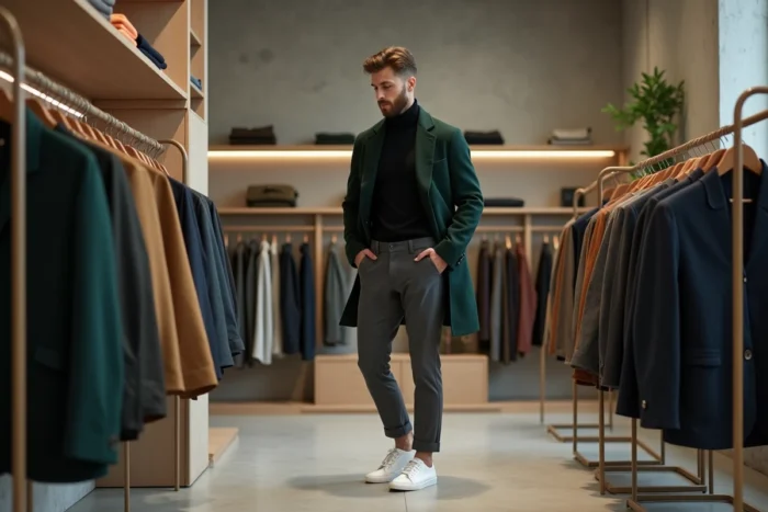 Homme stylé en manteau vert forêt et col roulé noir dans un concept store minimaliste, tendances mode masculine chic et contemporaine