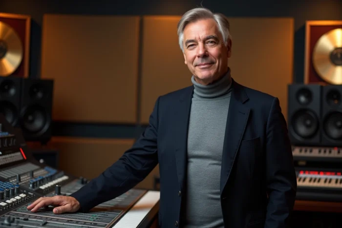 Producteur de musique dans un studio d'enregistrement professionnel entouré de disques d'or, évoquant le succès et la richesse dans l'industrie musicale