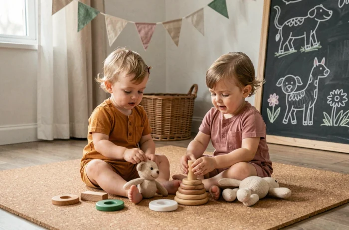 Deux tout-petits jouant avec des jouets en bois et en tissu dans une crèche écologique zéro déchet