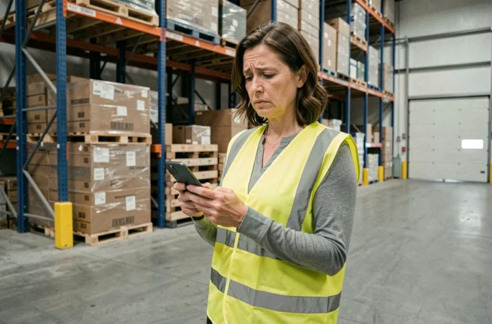 Femme portant un gilet de sécurité dans un entrepôt consultant son téléphone, évoquant une mission d'intérim pendant une suspension de contrat