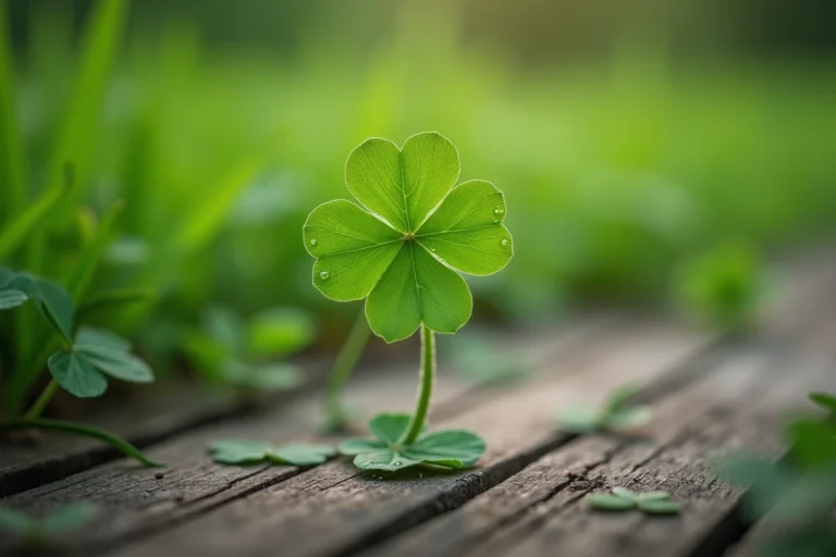 Trèfle à cinq feuilles posé sur une surface en bois avec des gouttes d'eau, vue macro hyperréaliste