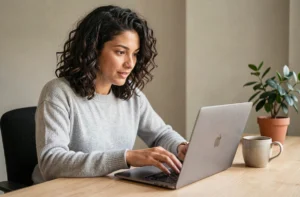 Femme découvrant la plateforme Tarbob sur un ordinateur portable dans un bureau moderne en 2026