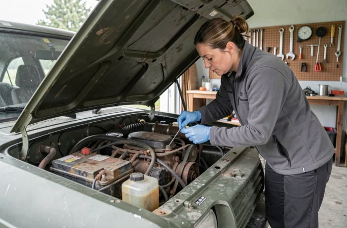 Femme vérifiant les niveaux moteur d'une Peugeot P4 réformée dans un garage rural