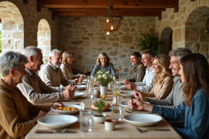 Réunion de famille autour d'une grande table rustique, illustrant la vie privée et familiale d'un journaliste français