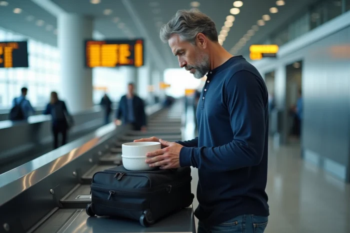 Voyageur rangeant de la vaisselle emballée dans son bagage cabine à l'aéroport avant un vol Air France