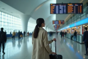 Voyageuse consultant le tableau des départs dans le terminal de l'aéroport d'Orly pour trouver son vol TUI fly