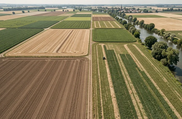Vue aérienne de parcelles agricoles françaises dans la vallée de la Loire, illustrant le découpage foncier rural et les différents types de cultures