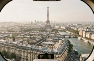 Vue aérienne de Paris depuis un hélicoptère avec la Tour Eiffel et la Seine en arrière-plan
